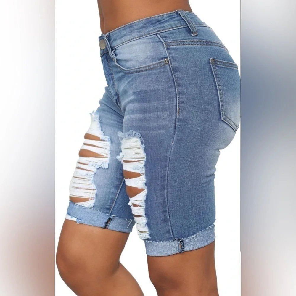 Sidefeel Distressed Rolled Cuffs Denim Ripped Bermuda Shorts Mid-Rise Denim L